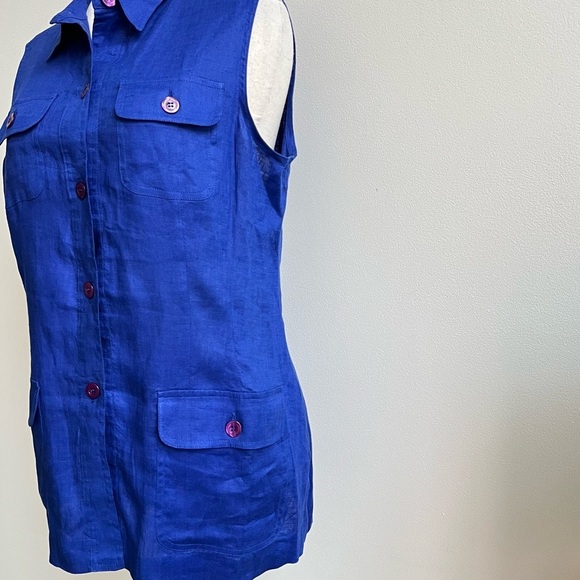 Casual Corner Womens Blue 100% linen Tunic button down vest Plus Size 14 - Picture 4 of 7